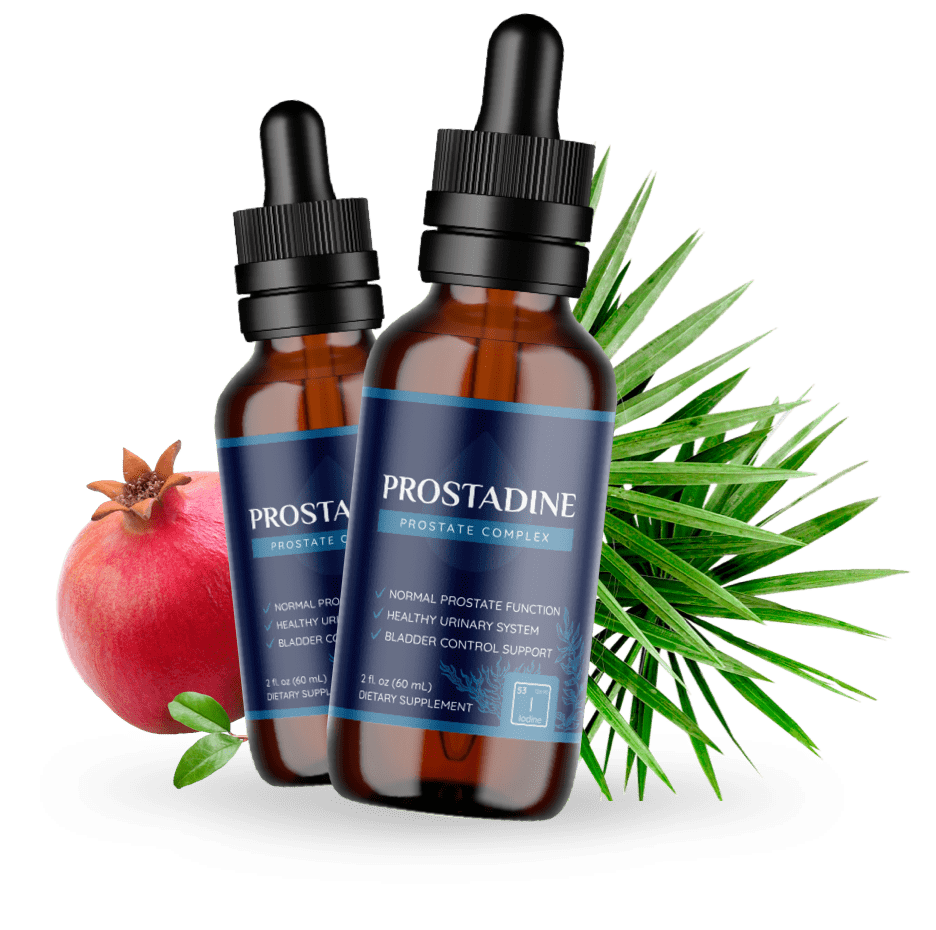 Prostadine prostate support supplement bottles with natural ingredients including pomegranate and seaweed extracts for men's urinary health